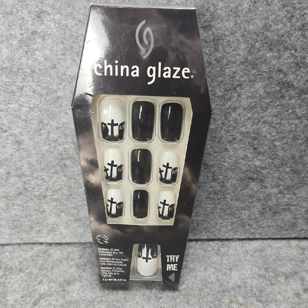 NIB China Glaze Haunted Hill Black White Cemetary Press-On Nails